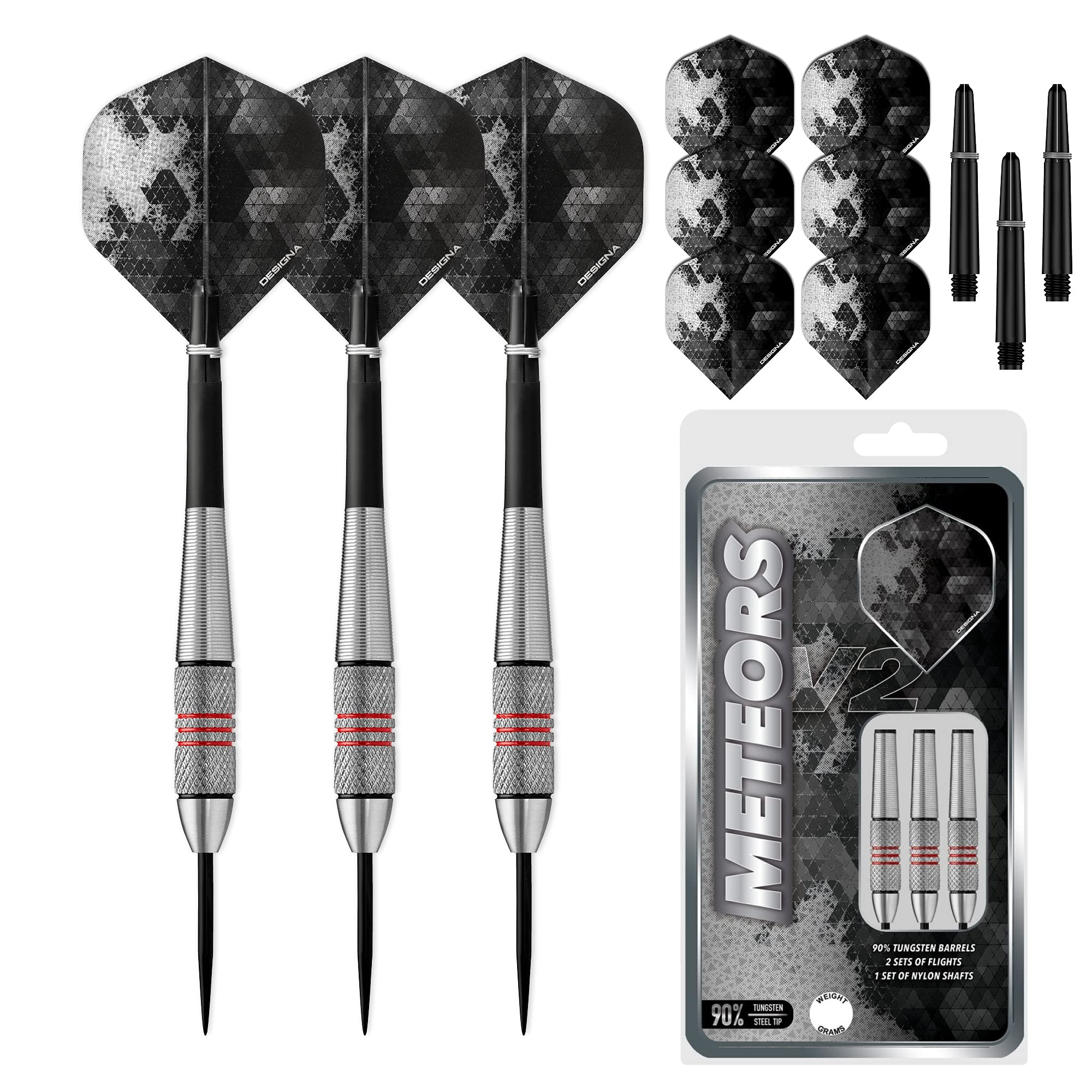 Designa Darts Meteors | 30g Premium 90% Tungsten Heavy Barrel Steel Tip Dart Set, M1, Black & Red (D8643)