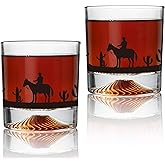 Western Desert Whiskey Glasses 2-Piece Set w/2 Ice Ball Molds - 10oz Engraved Bourbon Tumblers with Cactus & Eagles, Old Fashioned Cowboy Barware Scotch Cocktail Glasses (Premium Gift Box for Dad)