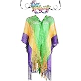 Frienda Mardi Gras Outfit for Women Mardi Gras Poncho Scarf Shawl with Mask Purple Green Gold Masquerade Costume for Masquerade Party Costume Accessories