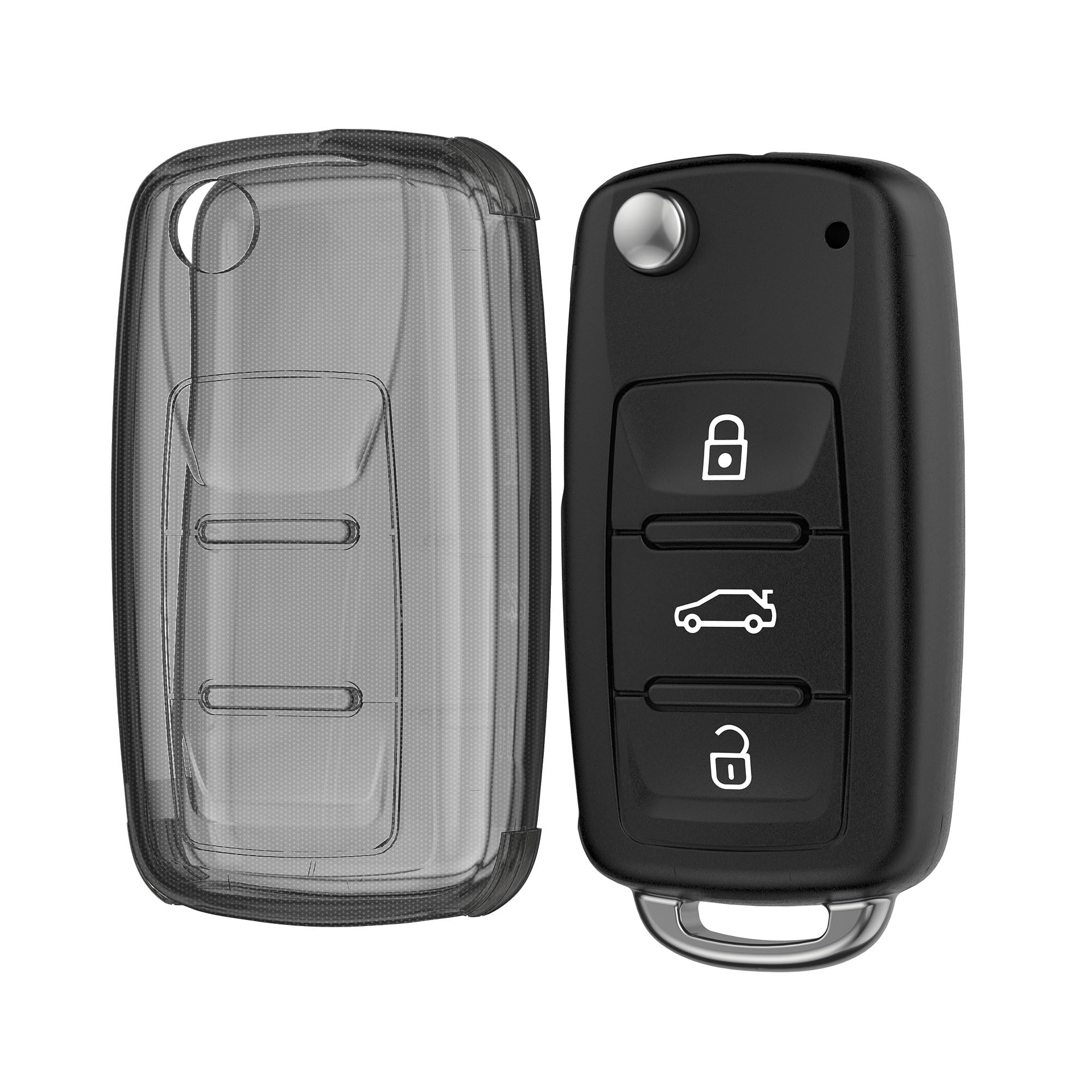 kwmobile Car Key Case Compatible with VW Skoda SEAT 3 Button Car Key Cover - Car Fob Case - Soft TPU Shell - Black/Transparent