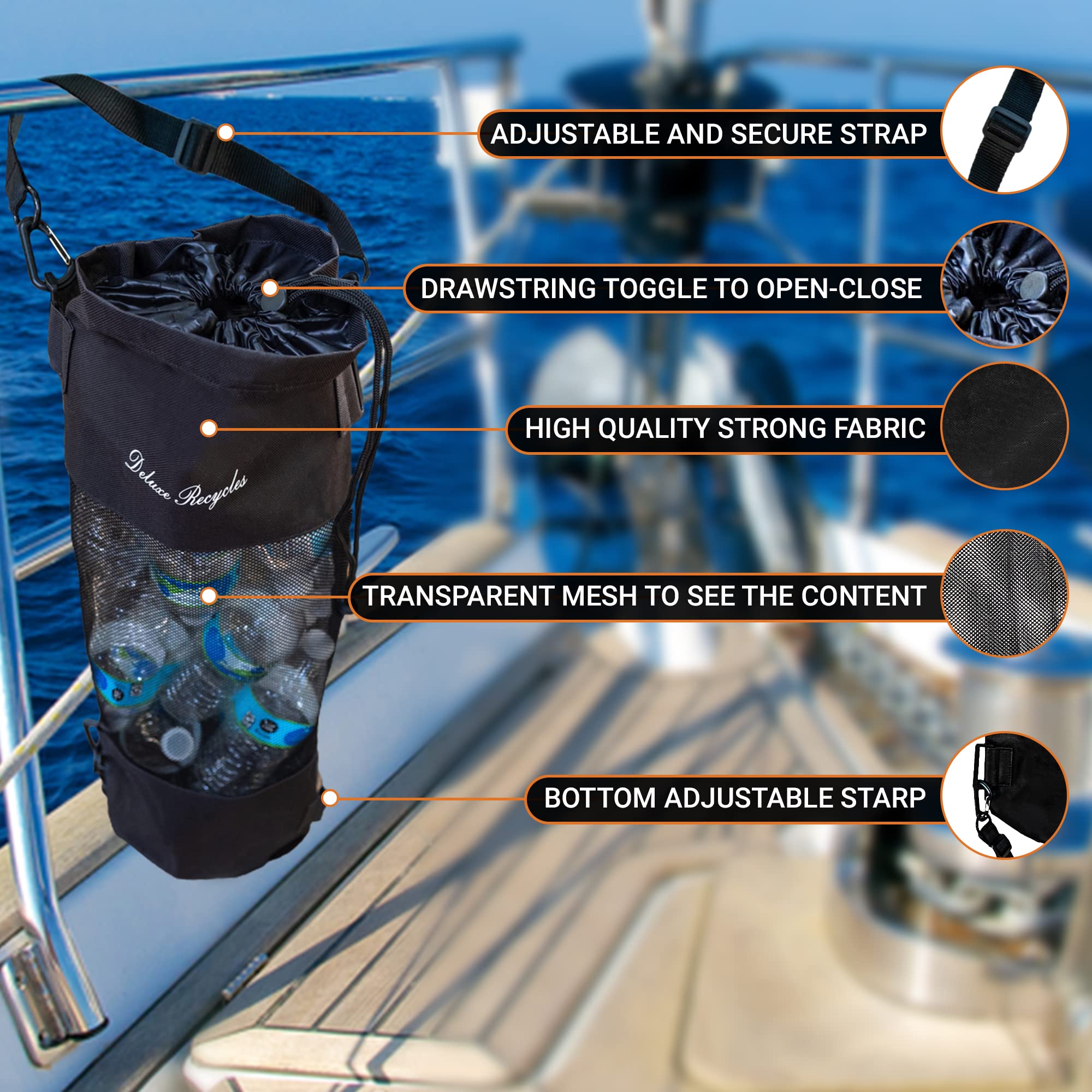 Deluxe Recycles Portable Mesh Trash Bag for Boat - Washable Leakproof Outdoor Garbage Bags for Boat, Kayak or Camper – Lightweight & Large Capacity Bin Bag (Black) - view 4