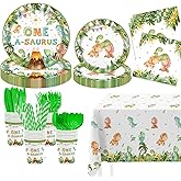 AIBIIN 193Pcs Watercolor One A Saurus Dinosaur Disposable Tableware Set Dinosaur Theme 1st Birthday Party Decorations Banner Plates, Napkins, Cup Tablecloth, for Boy Birthday Decorations Serves 24