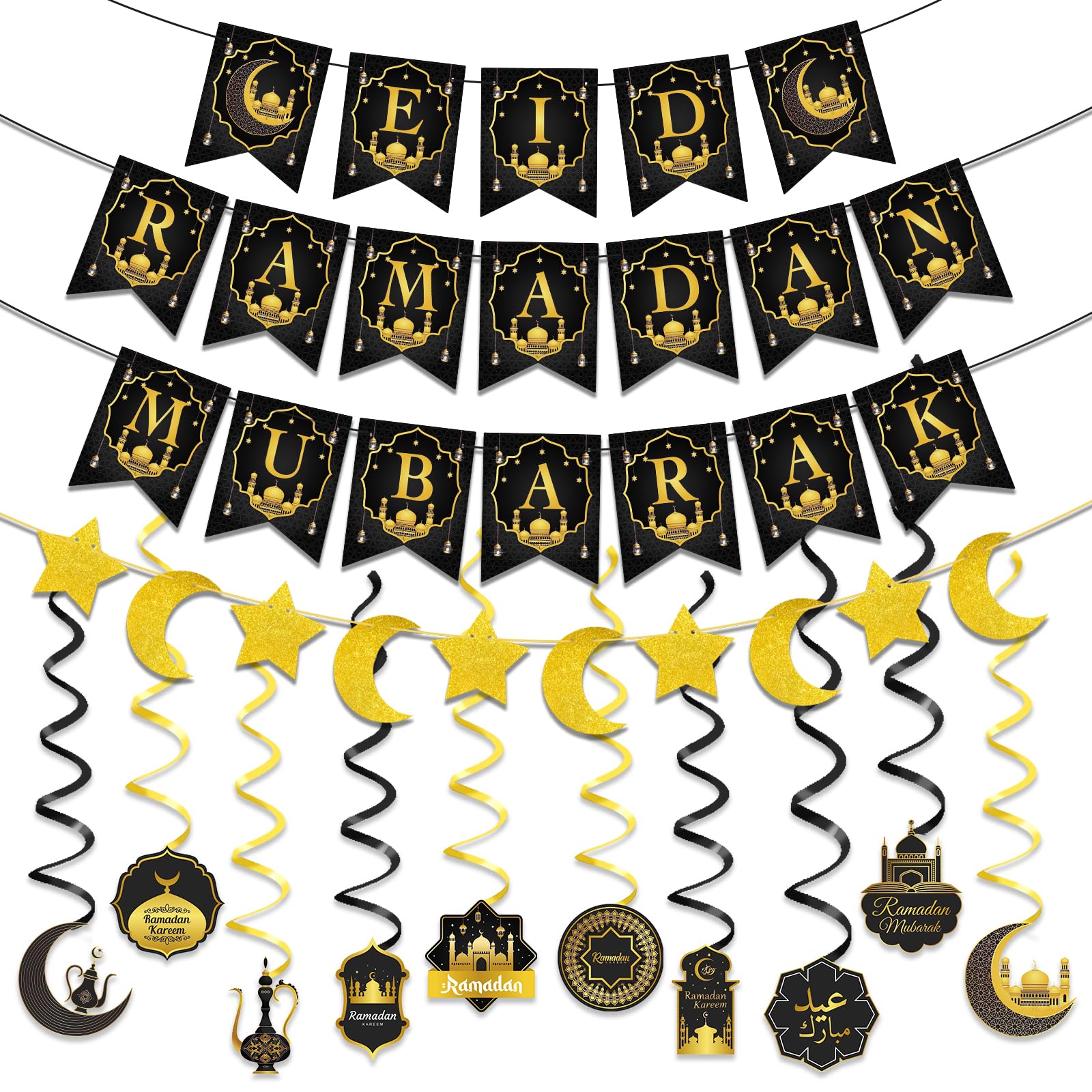 Dalugo Ramadan Decorations for Home, Eid Mubarak Banner, Gold Star Moon, Hanging Swirl, Black and Gold Muslim Islamic Party Decor