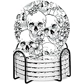 Whaline 6Pcs Halloween Ceramic Coasters with Iron Holder Skull Floral Drink Coasters Absorbent Cup Mat for Mug Cup Home Kitchen Party Table Decor