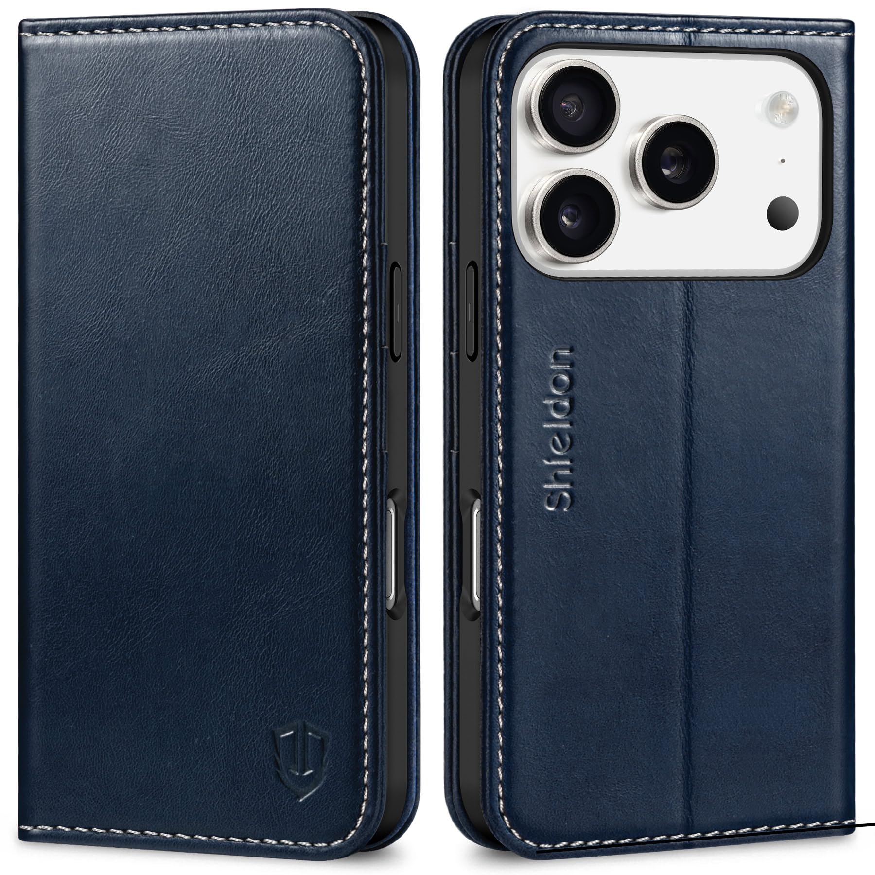 Photo 1 of SHIELDON Wallet Case for iPhone 17 Pro 6.3" 2025 | Genuine Leather | RFID Blocking | Credit Card Holder | Folio | Magnetic Closure | Kickstand | TPU Protective Phone Cover | Retro Dark Blue