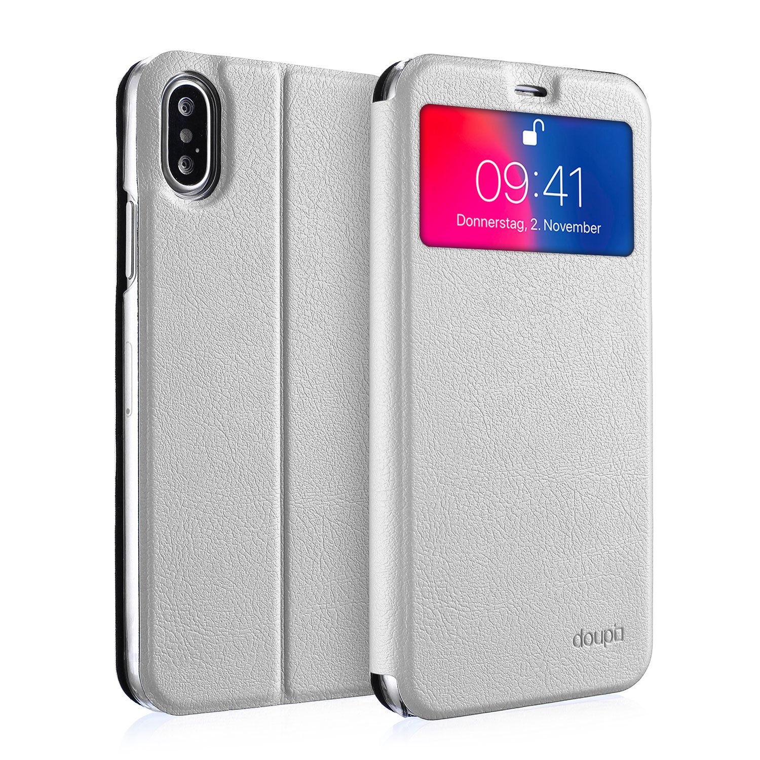 doupi Flip Cover for iPhone X/Xs 5.8 inch, with Viewing Window Magnet Protective Flip Case BookStyle Screen Protector Stand, white — image 1