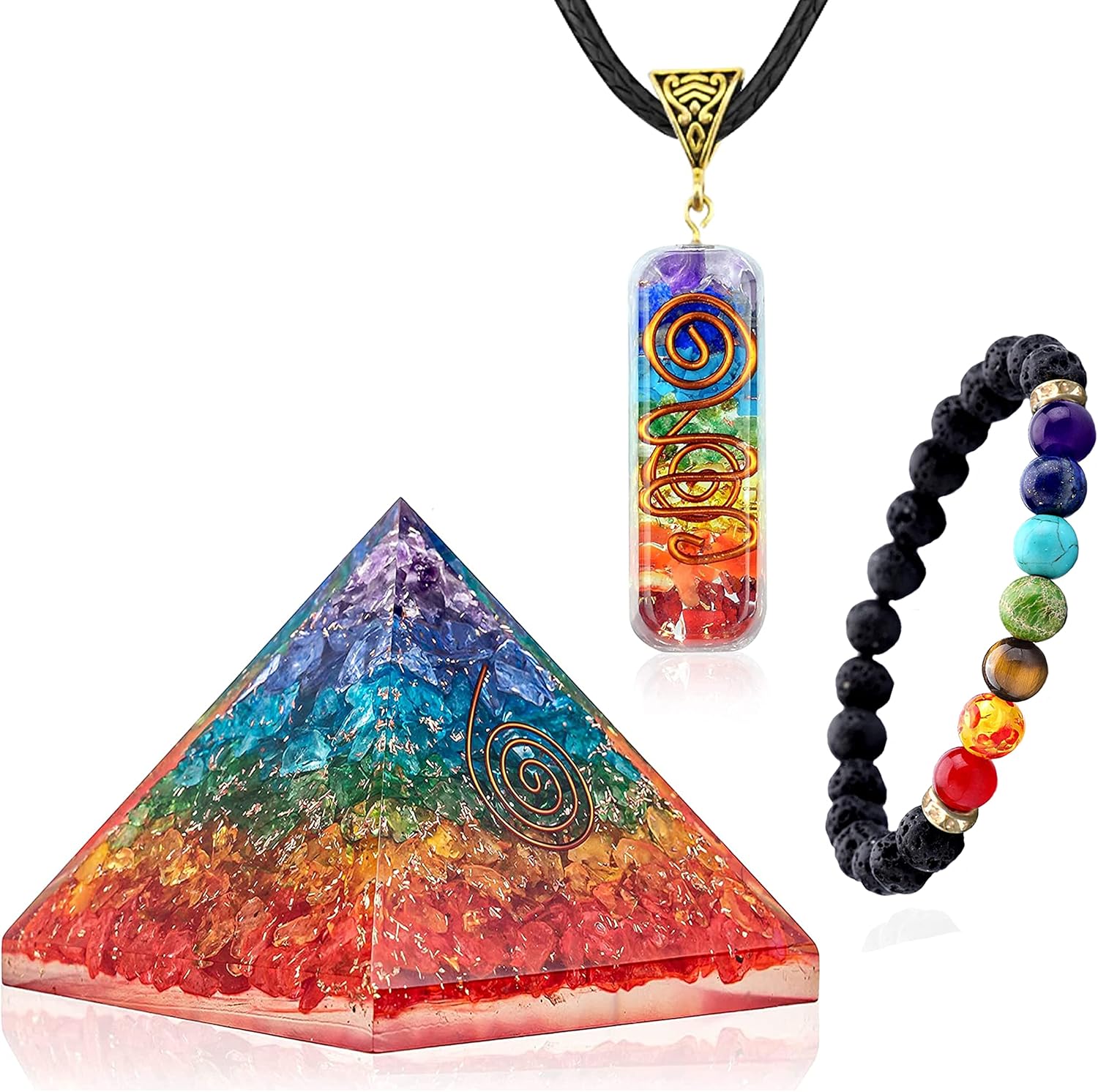 Mixed Media - 3 in 1 Orgone Pyramid for E-Energy Protection & Healing- meditation orgonite pyramids with Pendant and Bracelet set/crystal chakra set (7 Chakra Medium)