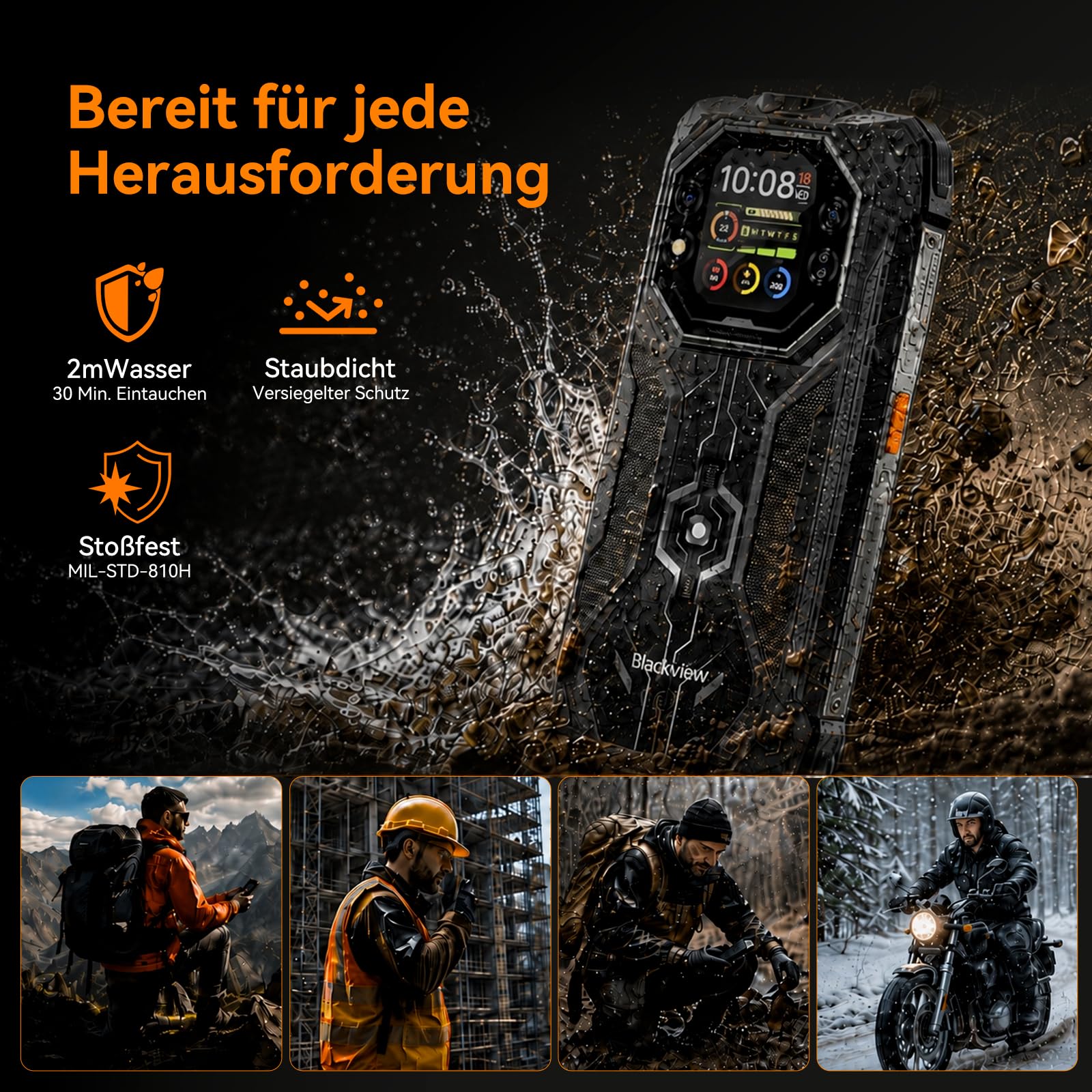Blackview Rock 1 Android 16 Outdoor Handy für Baustelle &Camping, 15000mAh Dual-Screen Smartphone Ohne Vertrag, 20MP Nachtsicht,IP69K Wasserdicht, 24GB+256GB,Gemini AI/NFC/3 Jahre Garantie 4