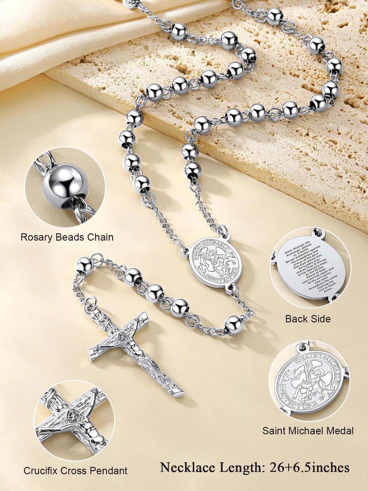 FaithHeart Rosary Beads Catholic Necklace for Men, St Michael/St Christopher/Virgin Mary Prayer Rosaries with Crucifix Cross Stainless Steel Praying Rosary Necklace