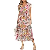 BerryGo Womens Summer Floral Maxi Dress Casual Boho V Neck Ruffle Short Sleeve Beach Long Dresses with Pockets