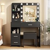 Furnivado Makeup Vanity Desk with LED Mirror, Power Outlet & 5 Drawers | 12 Bright Bulbs, Cushioned Stool with Storage, Haird