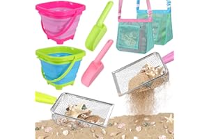 FHOZGECY Beach Toys, Sand Toys with 2 Collapsible Beach Bucket and Beach Mesh Shovel, Sand Shovel, Shark Tooth Sifter and Mesh Bag for Shell Collecting, Sand Dipper Beach Scoop for Kids Boys Girls