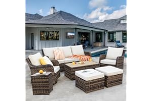 MEISSALIVVE 7 Pieces Patio Furniture Set with Swivel Chair, Outdoor Patio Conversation Set, Patio Sectional Furniture Set with 2 Swivel Rocker Patio Chair and Sofa, 2 Ottomans and Coffee Table (Brown)