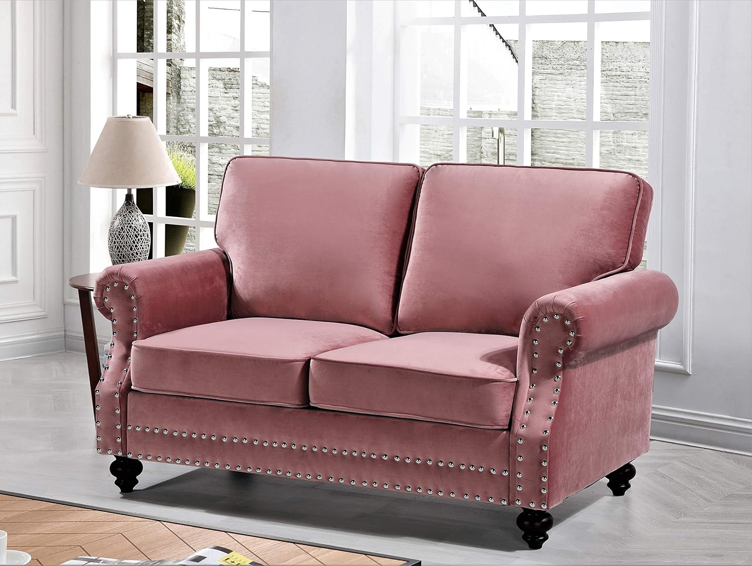 Container Furniture Direct Lotus Mid Century Modern Velvet Upholstered Living Room Rolled Arms, Sofa and Loveseat, Rose: Furniture & Decor