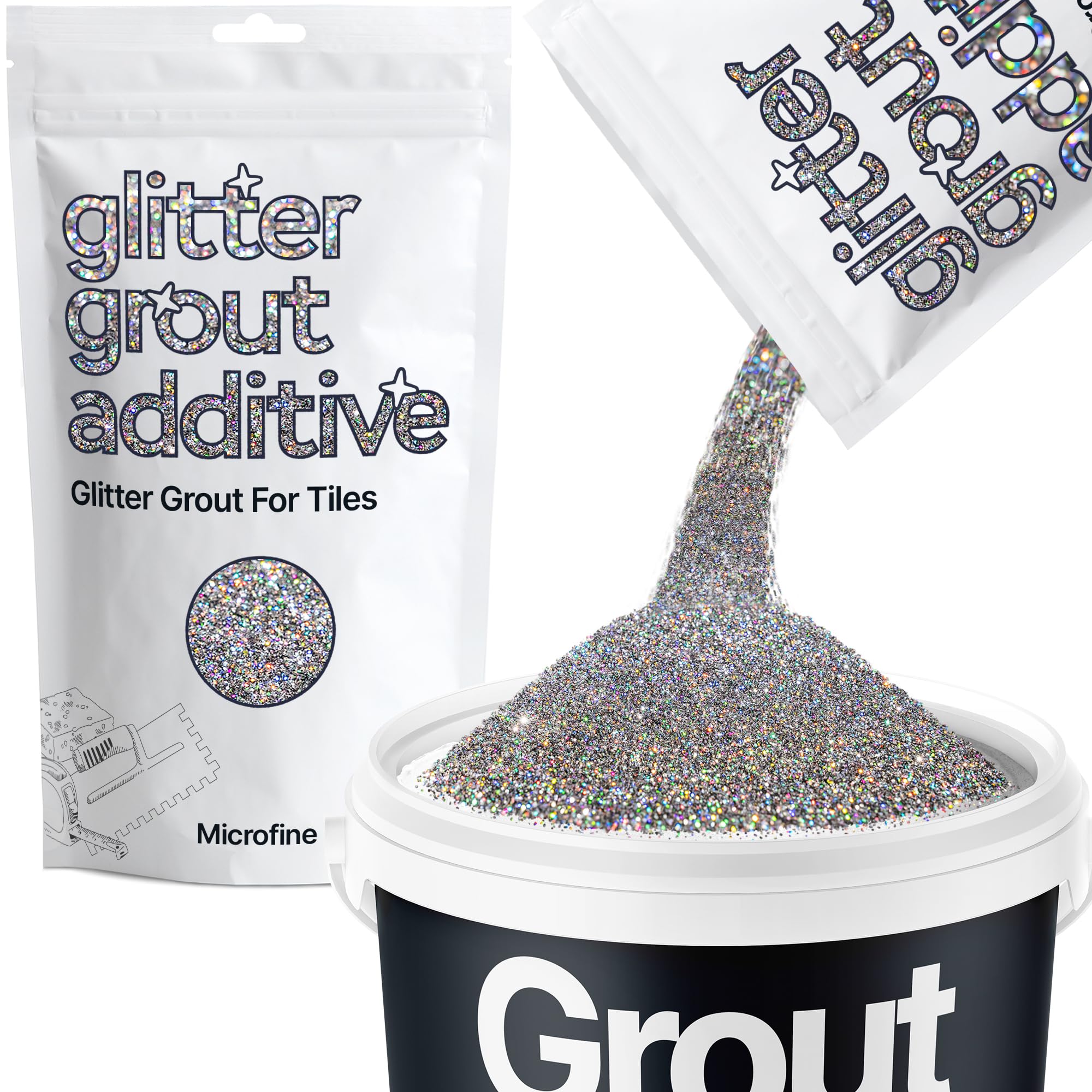 Hemway Gun Metal Grey Holographic Glitter Grout Additive Microfine 100g Flakes for Adding Sparkle to Kitchen & Bathroom Tiles | Enhance Your Indoor Grouting Projects with a Durable Sparkly Effect