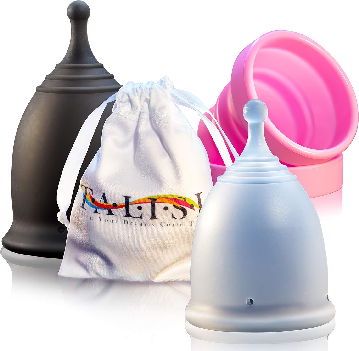 Talisi Reusable 2 Menstrual Cups - Period Cup Set for Women with Collapsible Sterilization Cup and Travel Bag - Feminine Menstruation Alternative to Tampons - Regular and Heavy Flow: Health & Personal Care