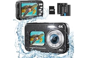 HICSHON Underwater Camera, UHD 4K 48MP Autofocus Waterproof Camera with 16X Zoom Selfie Dual Screens,11FT Compact Waterproof Digital Camera with 64GB Card,Fill Light Underwater Camera for Snorkeling(Black)