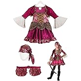 Girl's First Mate Pirate Costume Dress - Satin Dress with Metallic Floral Print, Velour Belt, Shrug & Scarf
