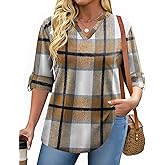 IN'VOLAND Womens Plus Size Long Sleeve Tops V Neck Plaid Roll Up Shirts Basic Casual Work Blouses