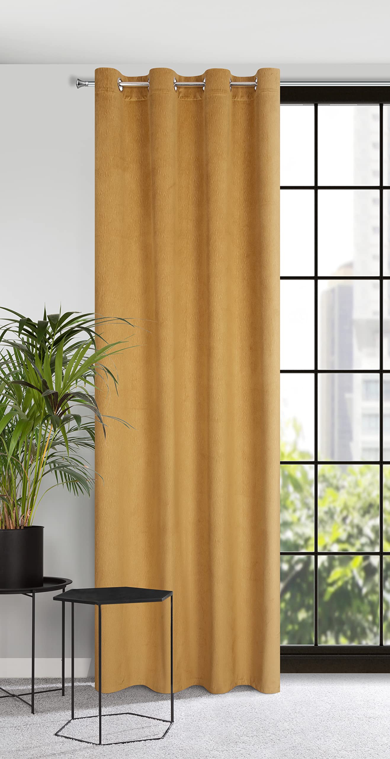 Eurofirany Velvet Curtain with Eyelets Balcony Door Patterned Velvet Look 1 Piece Wavy Pattern Plain Fluffy Living Room Bedroom Lounge 140 x 250 cm 3D Structure Gold 384153