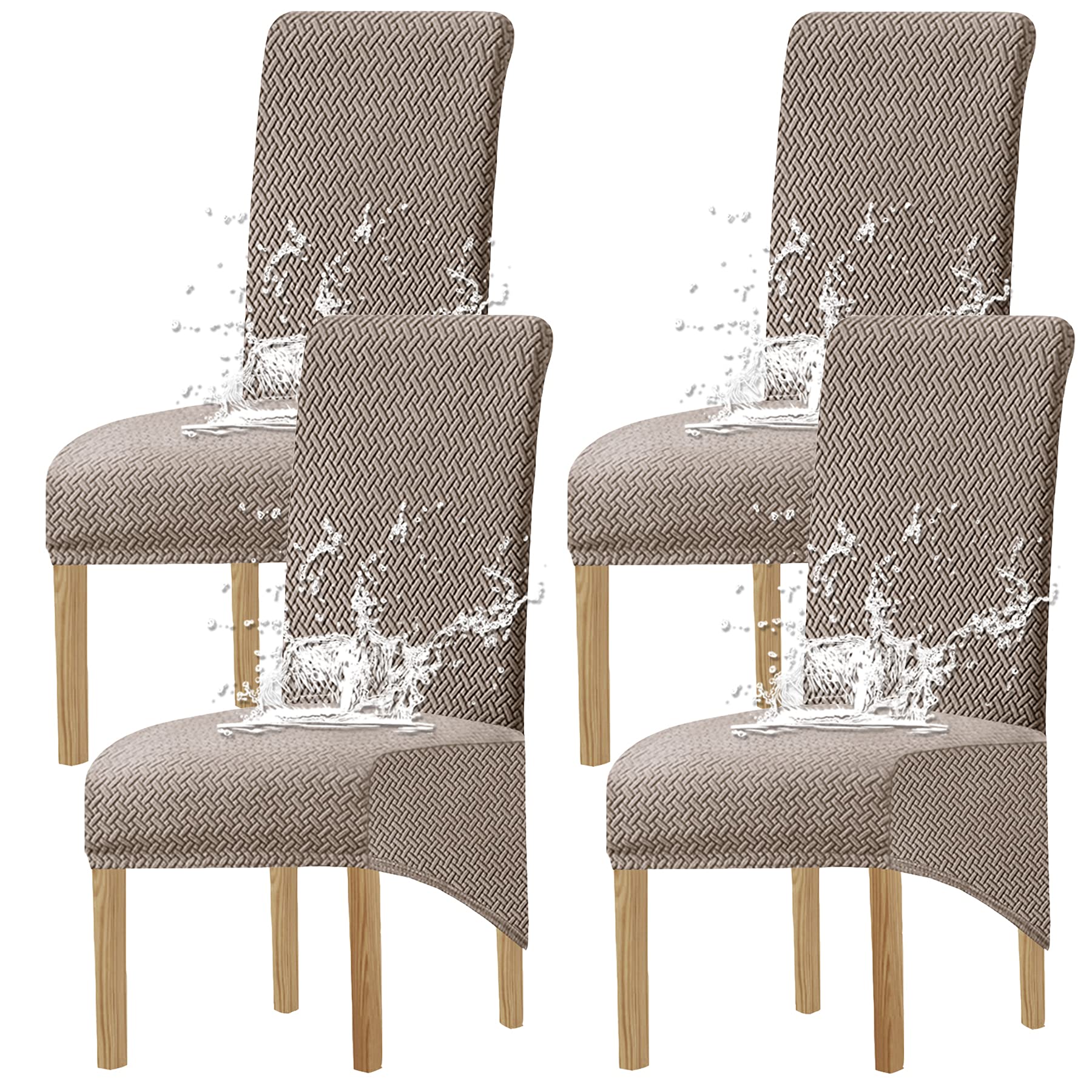 KELUINA Elastic Spandex Waterproof XL Chair Covers for Dining Room Chairs,Jacquard Chair Slipcovers Stretch Removable Washable Hight Back Dining Chair Protecter for Kitchen(Taupe, Set of 4)