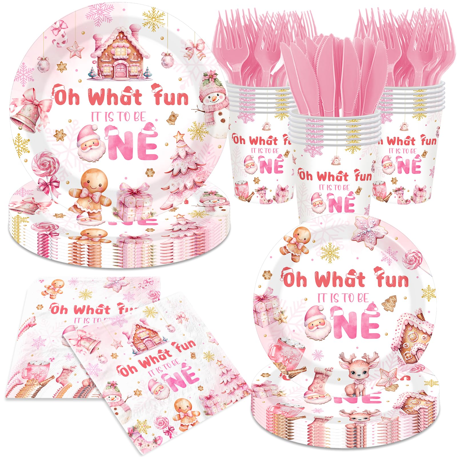 Photo 1 of 144Pcs Gingerbread Christmas 1st Birthday Tableware,Oh What Fun It Is to Be One Party Decorations Pink Christmas Gingerbread Party Supplies Xmas Plates,Napkins for Winter 1st Birthday