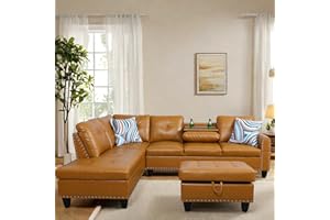 FONTOI L Shaped Sectional Couch with Otttoman, 97" Leather Sectional Sofa for Living Room Modular Couches with Cup Holders for Bedroom, Apartments, Ginger