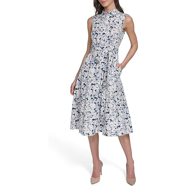 chinese dress ladies Calvin Klein Women's Sleeveless Round Neck Belted A-line Midi Dress,  Blossom Indigo, 2 at Amazon Women's Clothing store