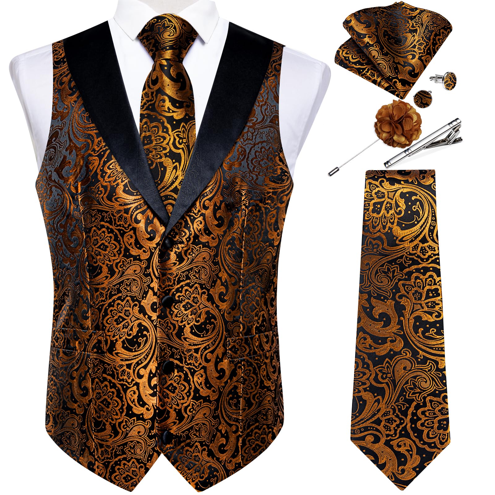 DiBanGu Mens Paisley Suit Vest Silk Jacquard Waistcoat and Necktie Set Formal Shawl Collar Dress Vest 7PCS for Wedding Party, Gold, XX-Large Image