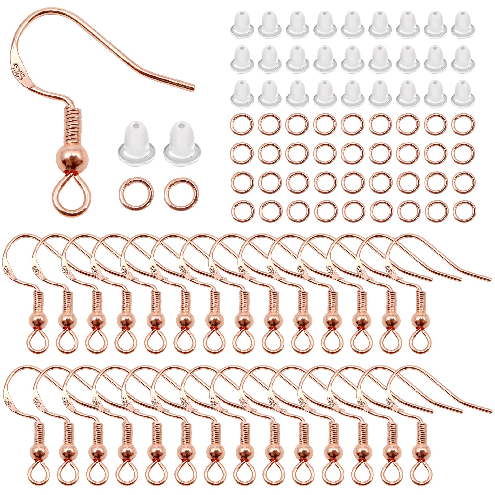 TOAOB THE ONE AND ONLY BABY CLB0838TOAOB 50 Pieces 18 mm Rose Gold Plated 925 Sterling Silver Hypoallergenic French Ball and Coil Earrings Hook with 50 Pieces 4 mm Open Jump Rings