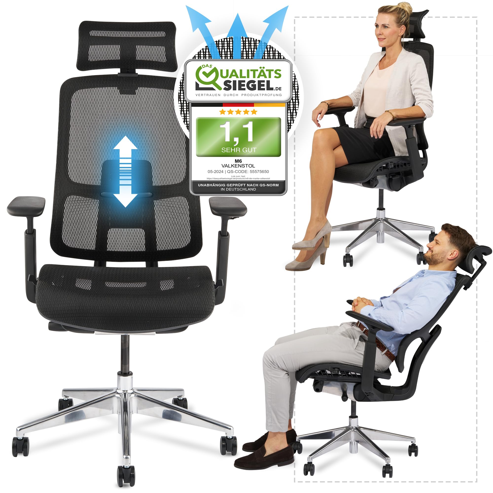 VALKENSTOL M6 Bürostuhl Ergonomisch Testsieger für Grosse Menschen, Breite Sitzfläche Schreibtischstuhl, Office Chair mit Lordosenstütze, Verstellbare Rückenlehne für Gesundes Sitzen Chefsessel 150kg 9