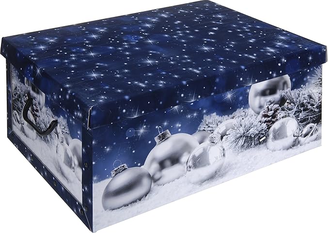 Große Aufbewahrungsboxen aus Karton mit Deckel und Griffen, weihnachtliches Design in Rot mit blauen und weißen Weihnachtsbau