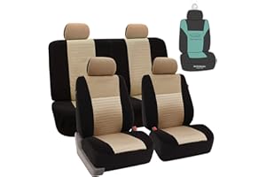 FH Group Automotive Car Seat Covers Trendy Elegance 3D Air Mesh Cloth Full Set Beige Seat Covers, Airbag and Split Rear Universal Fit Interior Accessories for Cars Trucks and SUV with Car Accessories