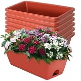 LOCONHA 7 Pack Window Box Planter, Plastic Vegetable Flower Planters Boxes | 17 Inches Rectangular Flower Pots with Saucers, Indoor Outdoor Garden Patio, Home Decor ( Brick Red)