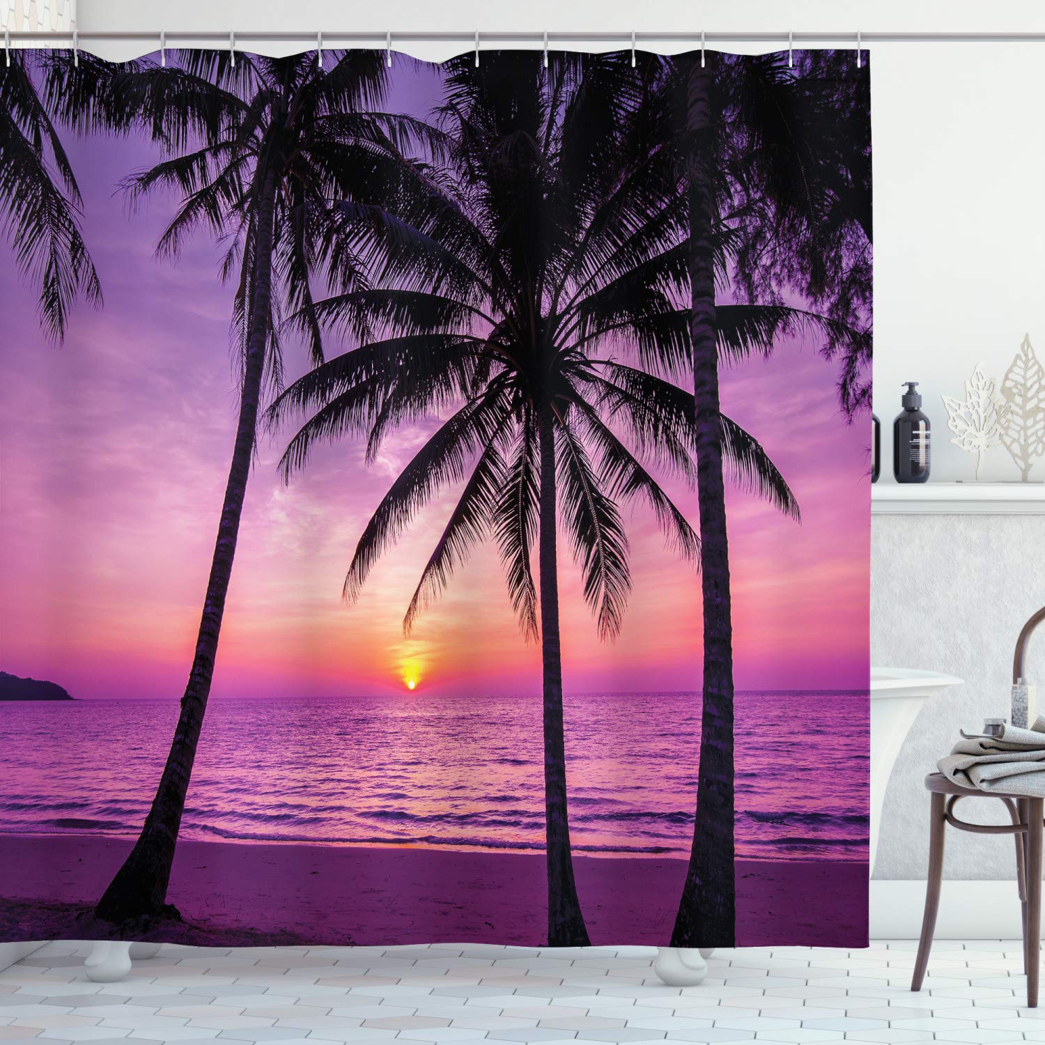 ABAKUHAUS Ocean Shower Curtain, Palm Trees Silhouette at Sunset Dreamy Dusk Warm Exotic Twilight Scenery Image, Cloth Fabric Bathroom Decor Set with Hooks, 94 Inches, Purple Black — image 1