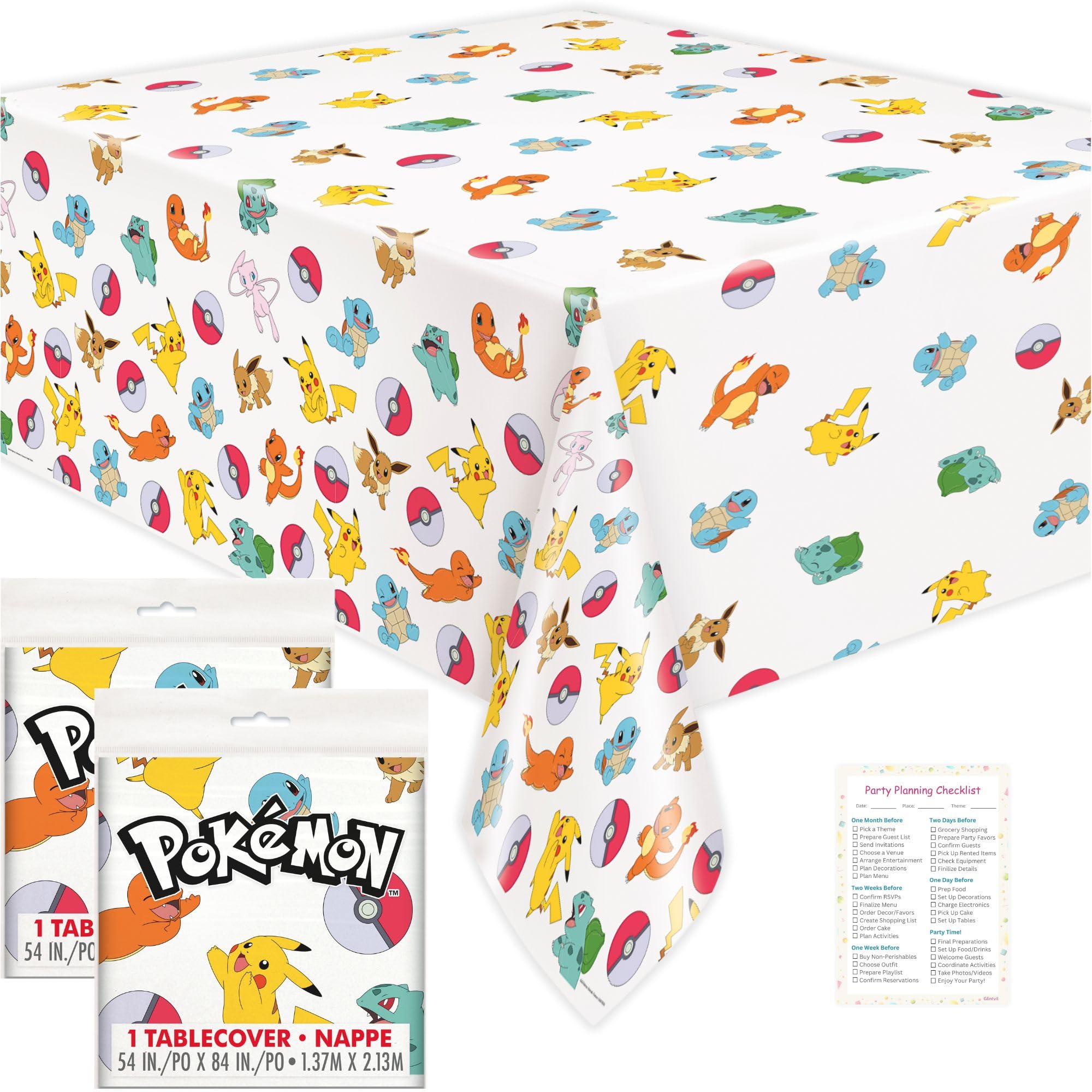 Unique Pokemon Table Cloth (2 Pack) - Pokemon Birthday Party Decorations - Officially Licensed - Party Supplies - 2 Plastic Tablecloth, with Checklist