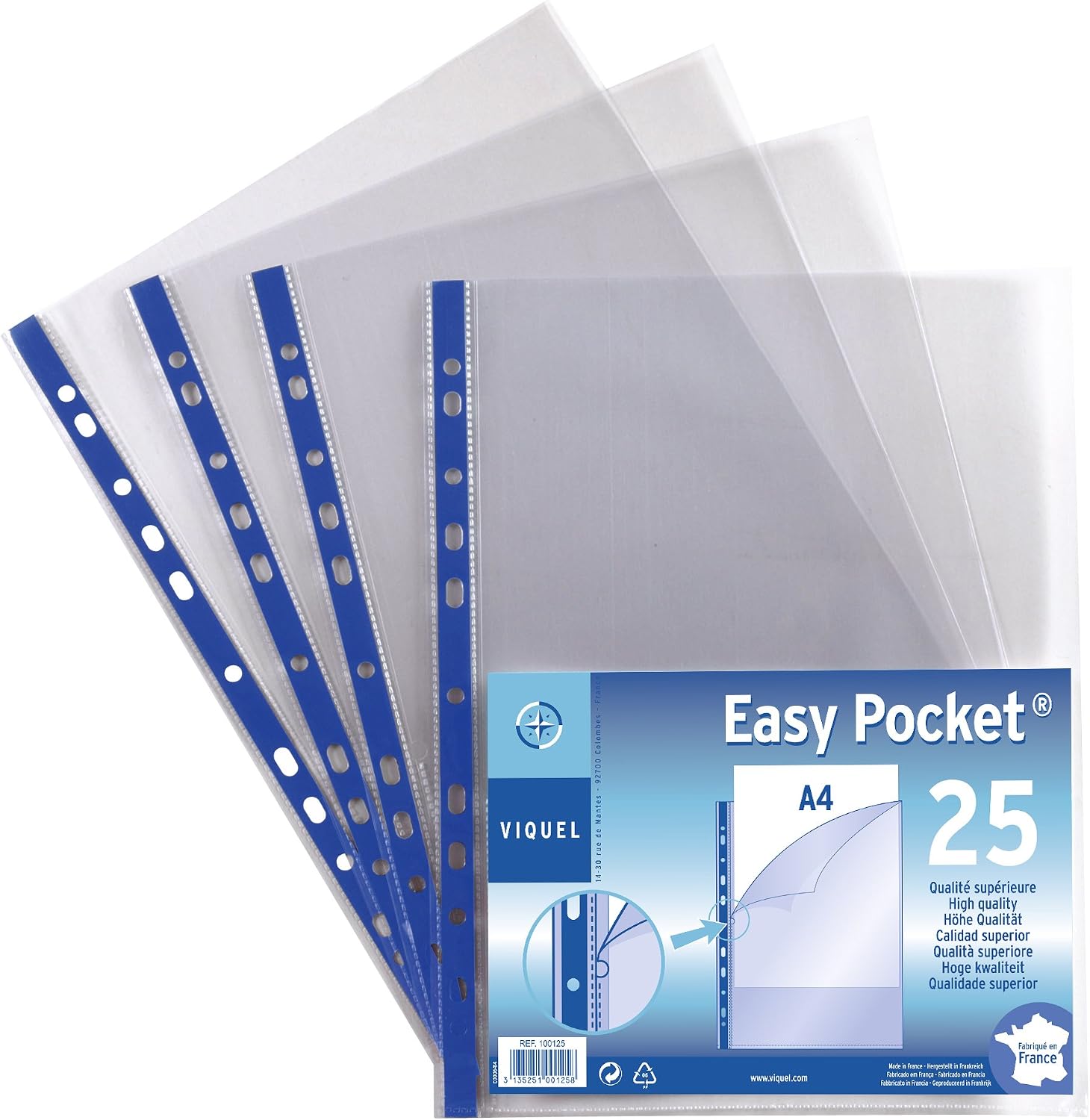 Viquel Easy Pocket A4 Punched Pockets (Pack of 25), Transparent/Green