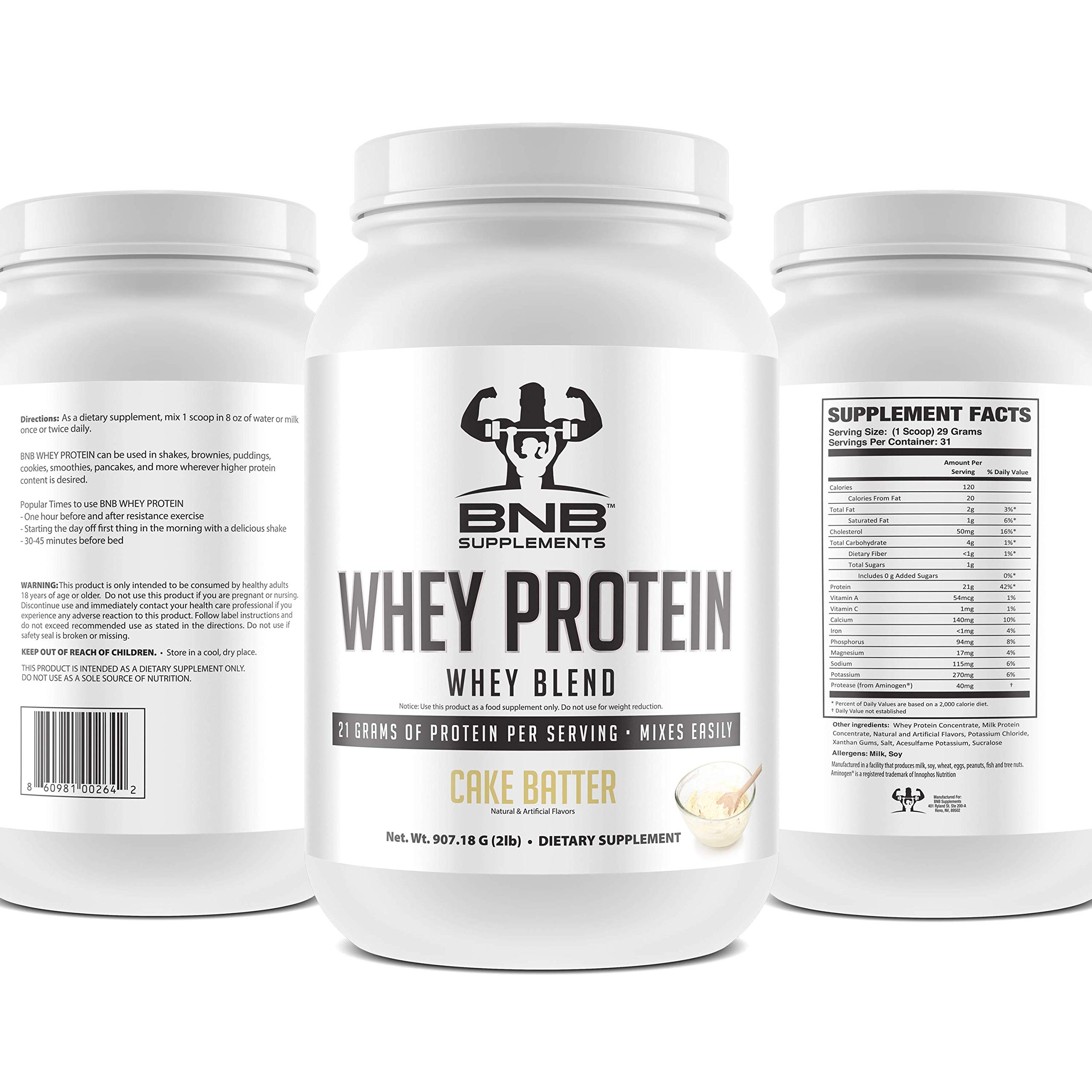 BNB 100% Whey Protein - Cake Batter Flavor - 21g of Protein per Serving - 2lb Tub - Mixes Easily - Delicious Protein Recovery Shake - by BNB Supplements