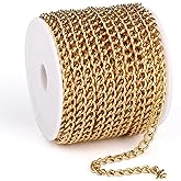 33 Feet 18K Gold PVD Plated Stainless Steel Curb Chain Bulk, 5mm 304 Stainless Steel Flat Twisted Link Chains Roll Spool for Jewelry Making Necklace DIY Craft
