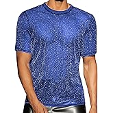 WDIRARA Men's Glitter Mesh Sheer T Shirt Rave See Through Shirt Short Sleeve Top Tee