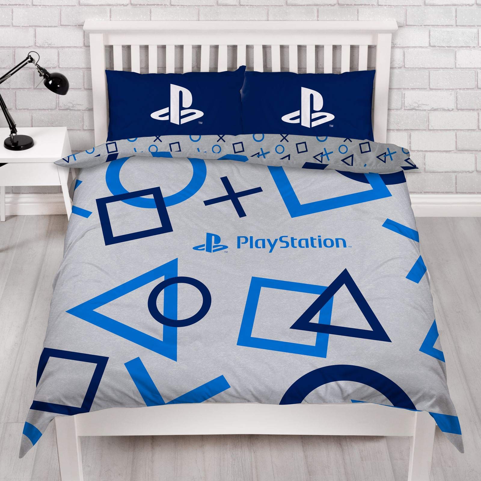 PlayStation Character World Blue Double Duvet Cover Officially Licensed Sony Reversible Two Sided Game Bed Design with Matching Pillowcase, Cotton, Blue, PYSBLEDD001UK2