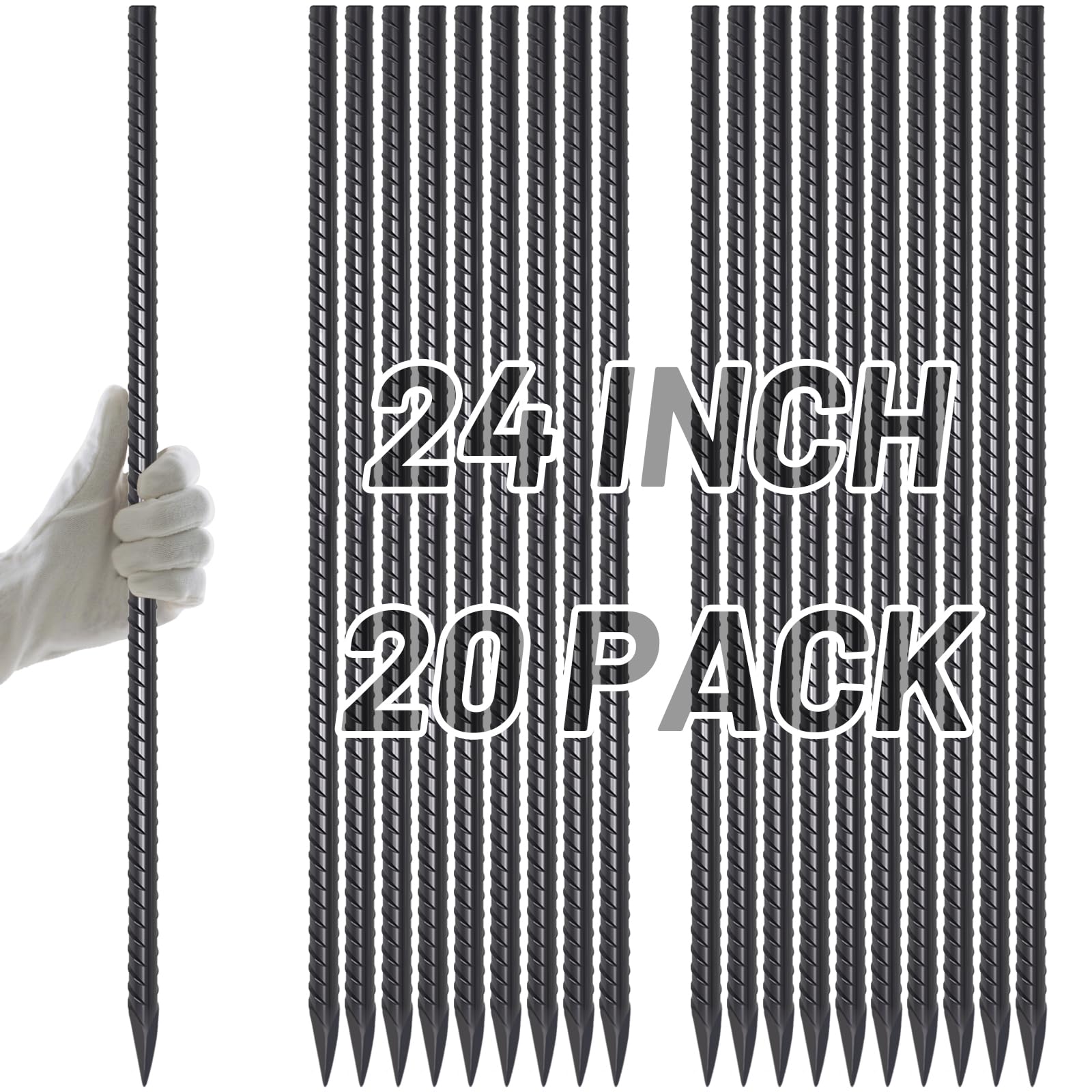 Photo 1 of AAGUT Rebar Stakes 24 Inch Straight Garden Plant Stakes (20 pcs) 1/2" Thickness, Heavy Duty Metal Spikes for Concrete Forming, Landscape Timber, Fence, Ground Anchors with Chisel Point End, Black