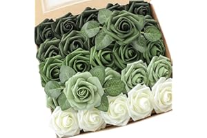 Floroom Artificial Flowers 25pcs Real Looking Forest Green Ombre Colors Foam Fake Roses with Stems for DIY Wedding Bouquets Bridal Shower Centerpieces Sage Green Floral Arrangements Decorations