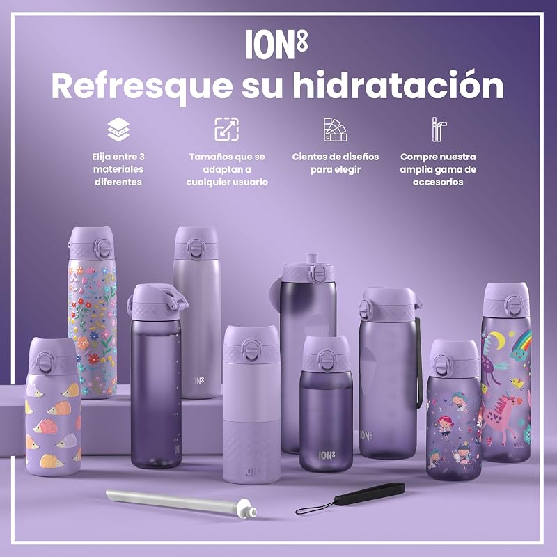 Garrafa de água leve em aço inoxidável para crianças, 400ml, não isolada, à prova de fugas, fácil de abrir, tranca segura, segura na máquina de lavar loiça, tampa de rebatente, fácil de limpar, unicórnios, roxo