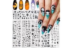 OCOUYVD Halloween Stamping Plates for Nails，Halloween Ghost Skull Witch Bat Nail Stamper Kit Fall Terror Pumpkin Corpse Design Gel Polish Nail Stamper Template Nail Supplies(6Pcs)