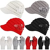 4 Sets Womens Winter Hats with Visor Winter Gloves Warm Beanie Hats with Brim Sequined Flower Touchscreen Gloves