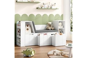 BOTLOG Kids Bookshelf with Reading Nook, 4-in-1 Toy Storage Organizer with Double Bench, Kids Reading Nook with 3 Rolling Toy