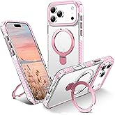 UMIONE for iPhone 17 Pro Clear Magnetic case with Stand and Finger Ring, Compatible with magsafe, Shockproof Transparent Hard Plate, Full Body case, Universal for Boys and Girls 6.3 - Pink