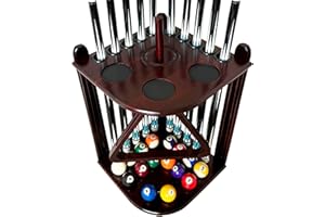 GACCO BILLIARDS Corner Pool Cue Holder Rack Hold 10 Cue Sticks & Billiard Table Accessories. Pool Stick Holder Made of 100% Solid Hardwood with Cone Chalk Holder (Mahogany)