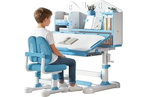 OYOWINGO Kids Desk and Chair Set - 3-12 Height Adjustable ErgonomicArt Desk for Bedroom with 50° Tiltable Desktop, Easy-Turn Crank, Storage Drawer & Built-in Bookstand for Children Boys & Girls (Blue)